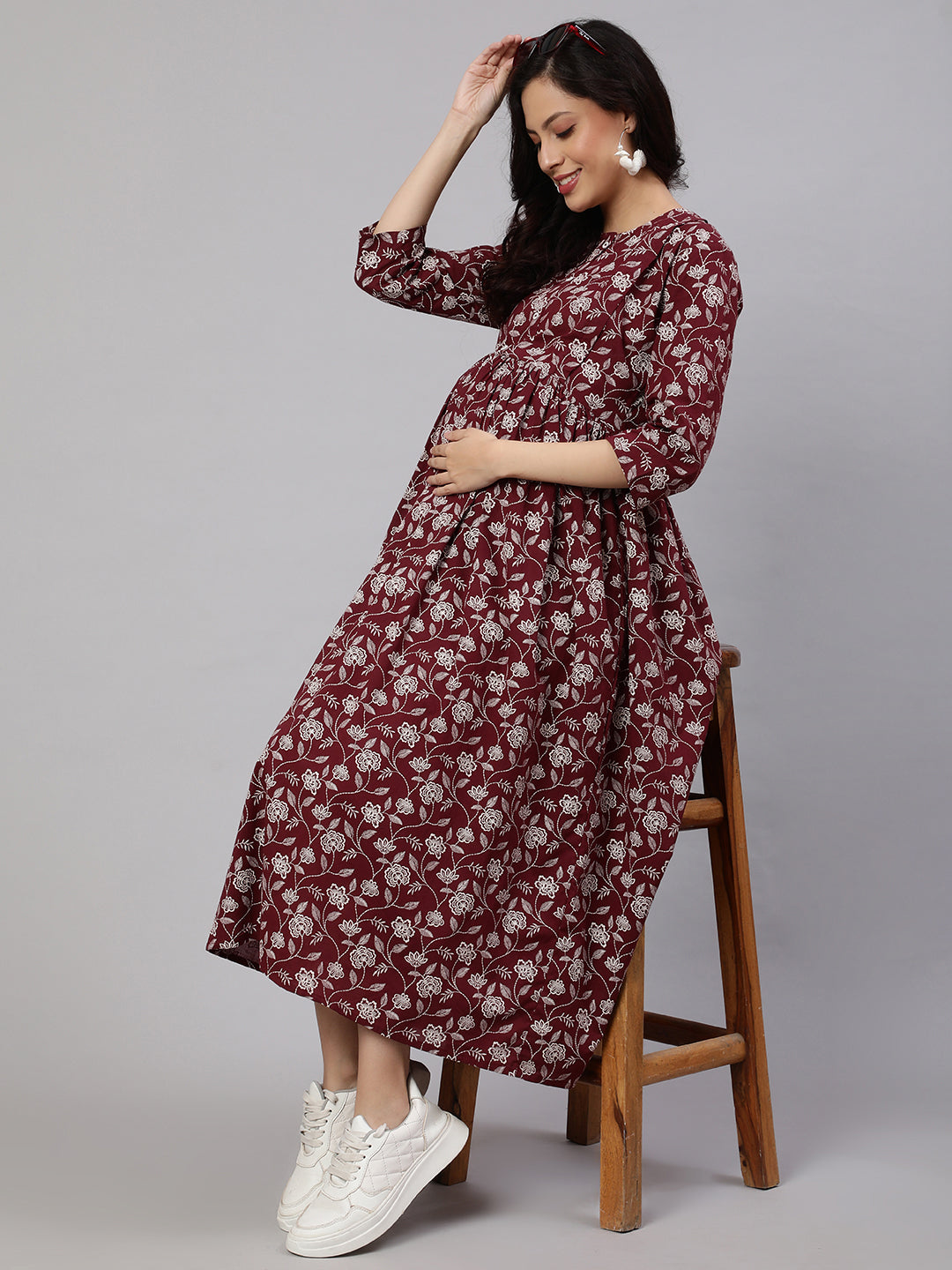 Women Burgundy Printed Flared Maternity Dress | LASVINI - Redefining Indian Fashion with Elegance