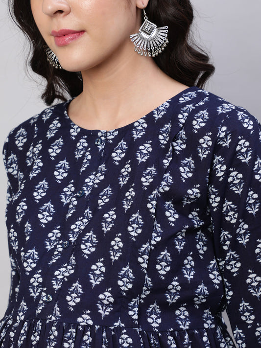 Women Navy Blue Printed Flared Maternity Dress | LASVINI - Redefining Indian Fashion with Elegance