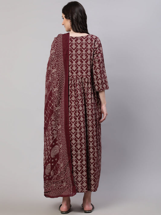 Women Burgundy Printed Flared Maternity Dress Dupatta | LASVINI - Redefining Indian Fashion with Elegance