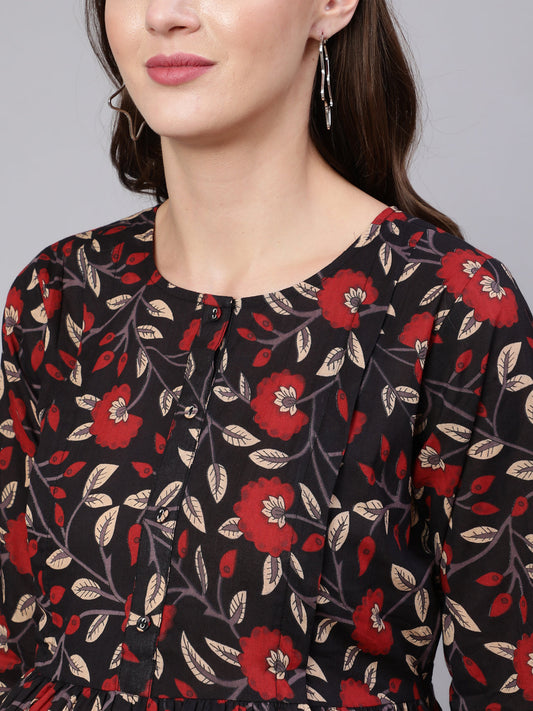 Women Black Floral Printed Flared Maternity Dress | LASVINI - Redefining Indian Fashion with Elegance