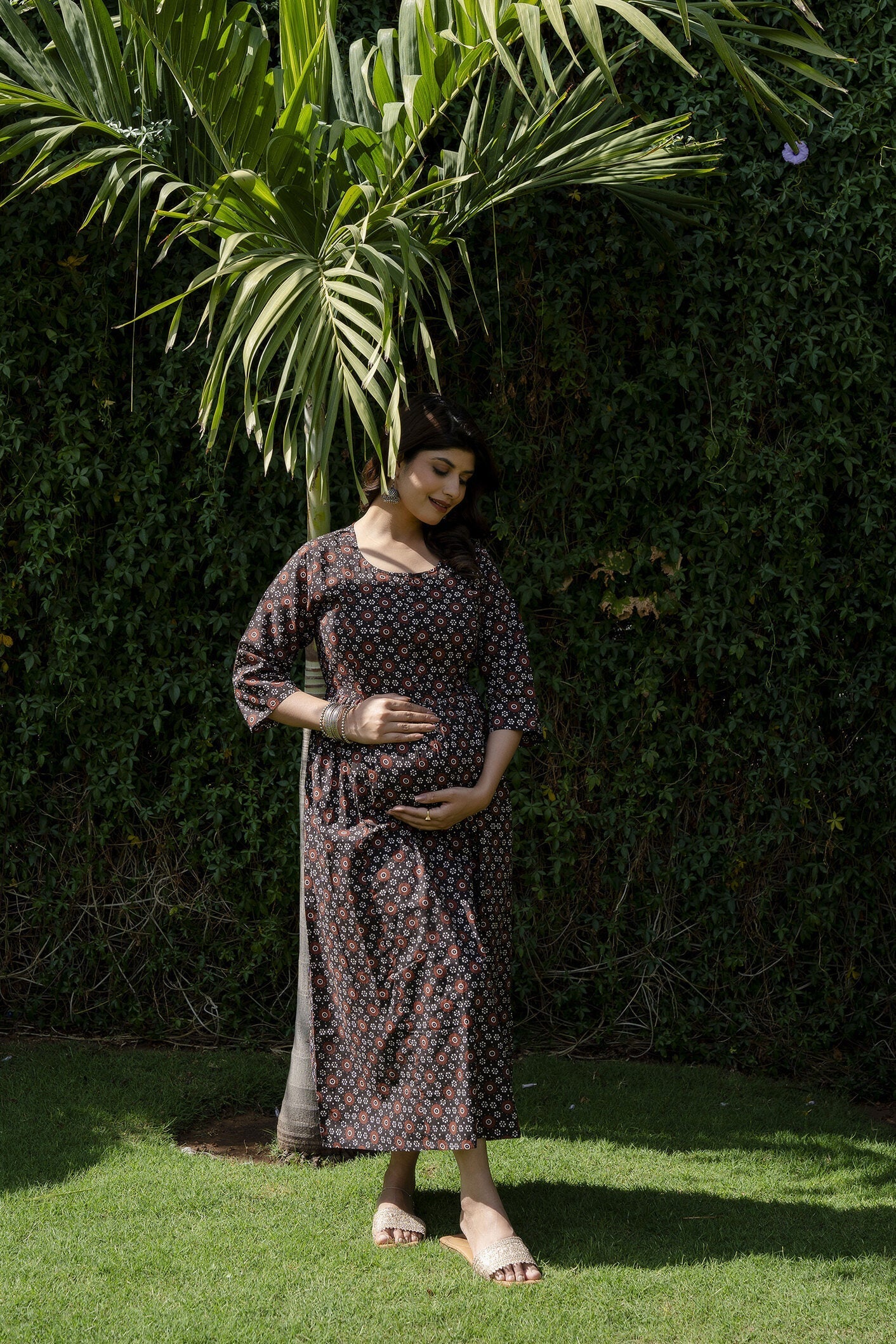 Women Black Floral Printed Flared Maternity Dress | LASVINI - Redefining Indian Fashion with Elegance