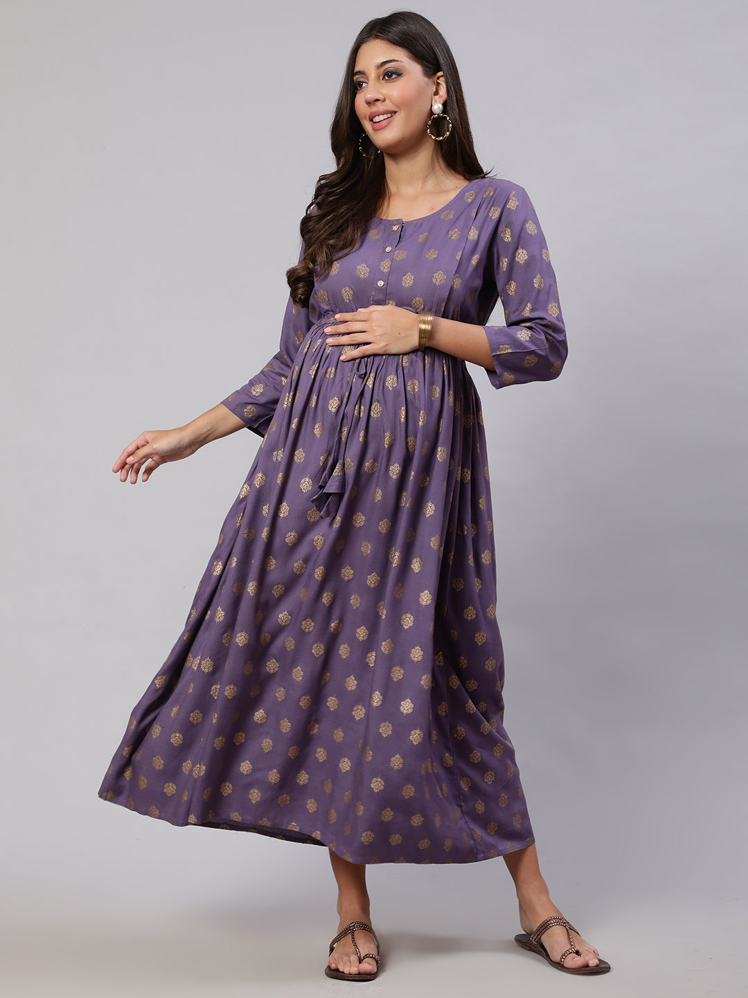 Women Purple Printed Flared Maternity Dress | LASVINI - Redefining Indian Fashion with Elegance
