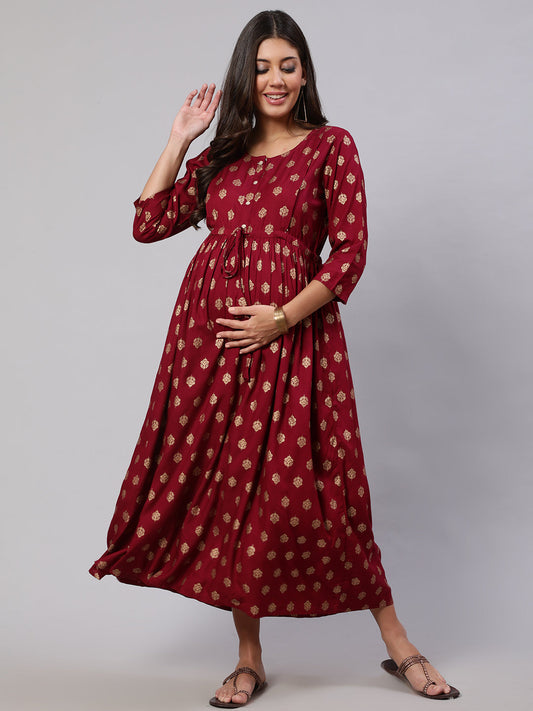 Women Burgundy Printed Flared Maternity Dress | LASVINI - Redefining Indian Fashion with Elegance