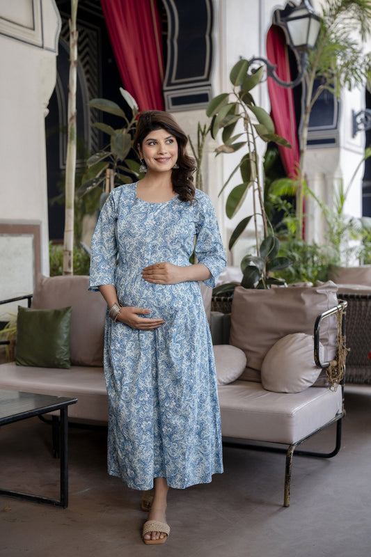 Women Blue Printed Flared Maternity Dress | LASVINI - Redefining Indian Fashion with Elegance