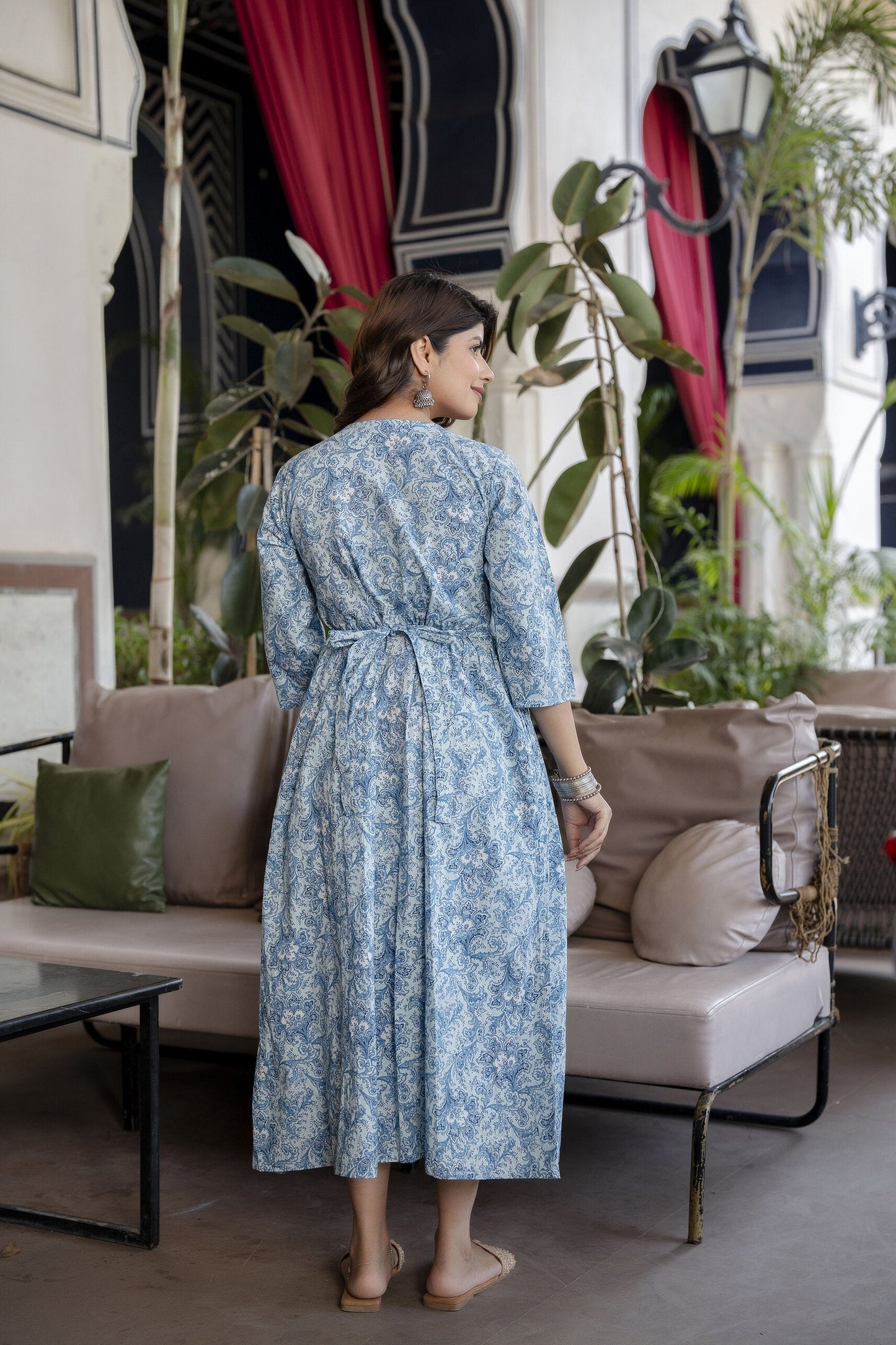 Women Blue Printed Flared Maternity Dress | LASVINI - Redefining Indian Fashion with Elegance