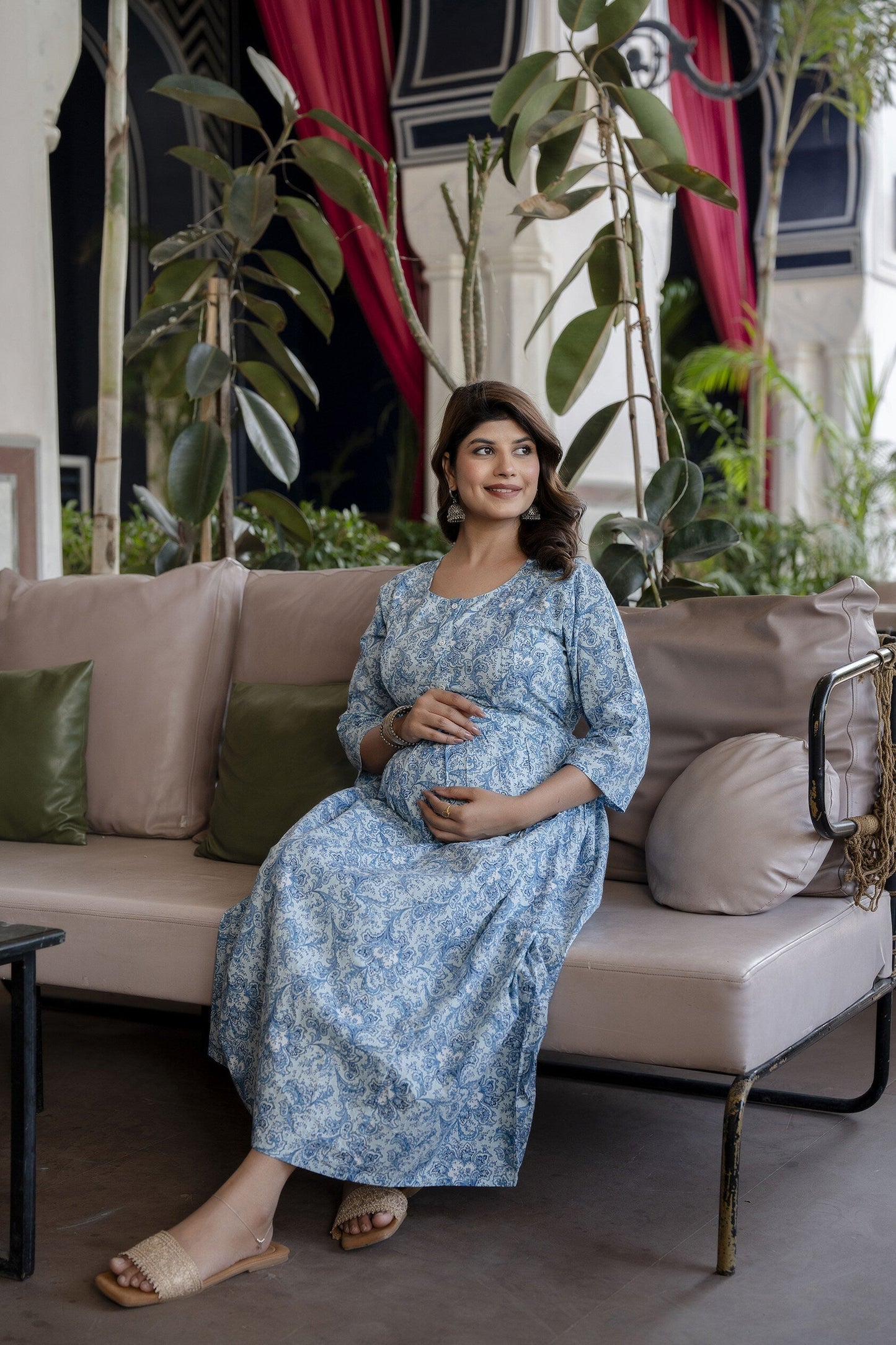 Women Blue Printed Flared Maternity Dress | LASVINI - Redefining Indian Fashion with Elegance