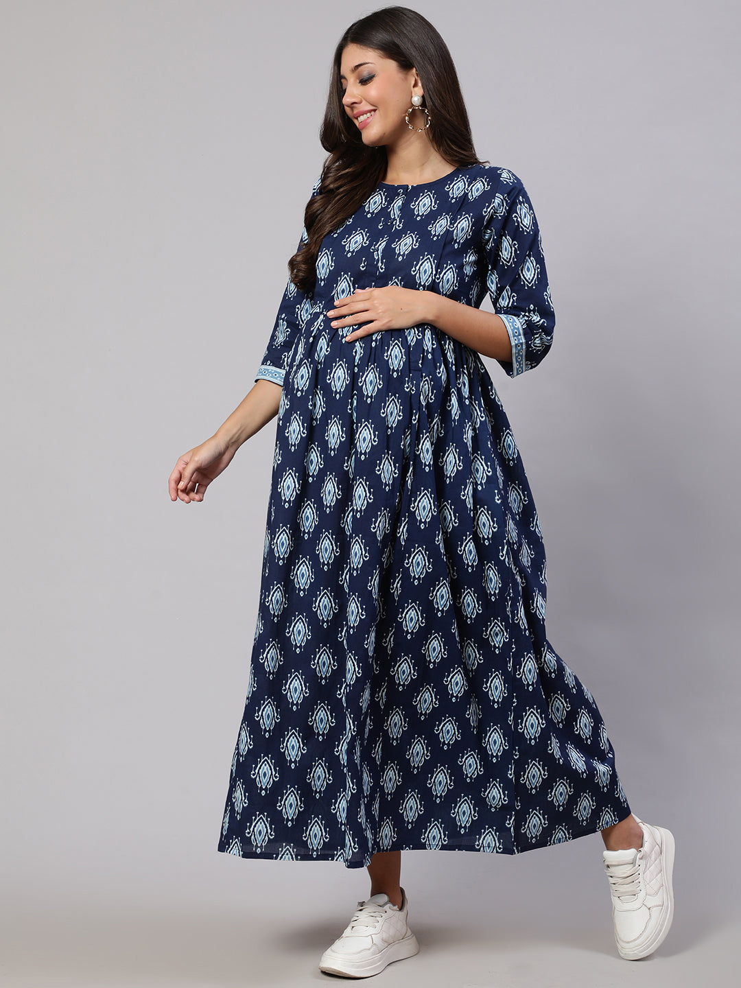 Women Navy Blue Printed Flared Maternity Dress | LASVINI - Redefining Indian Fashion with Elegance