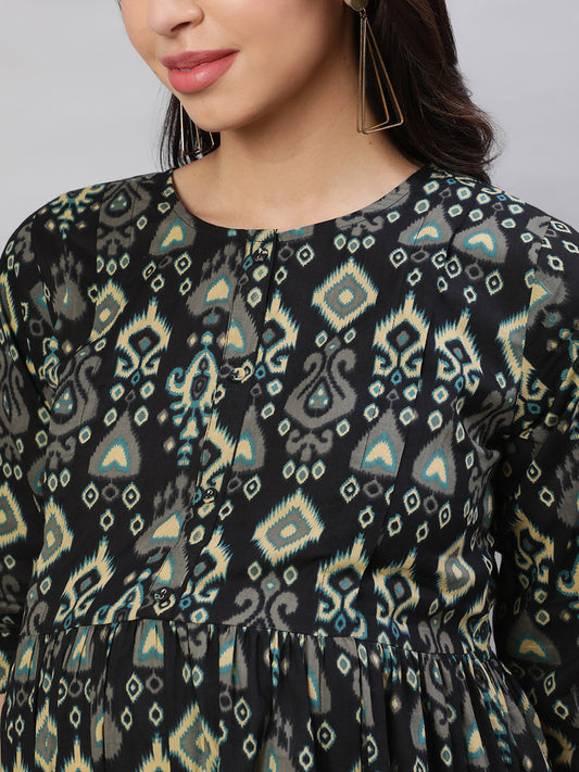 Women Black Printed Flared Maternity Dress | LASVINI - Redefining Indian Fashion with Elegance