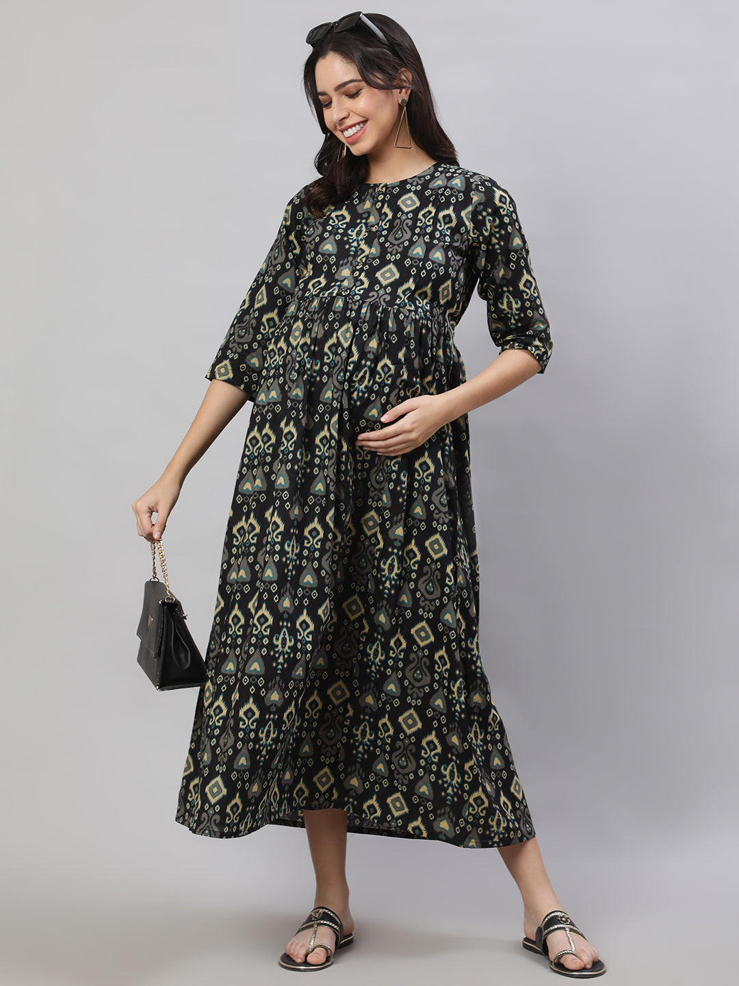 Women Black Printed Flared Maternity Dress | LASVINI - Redefining Indian Fashion with Elegance