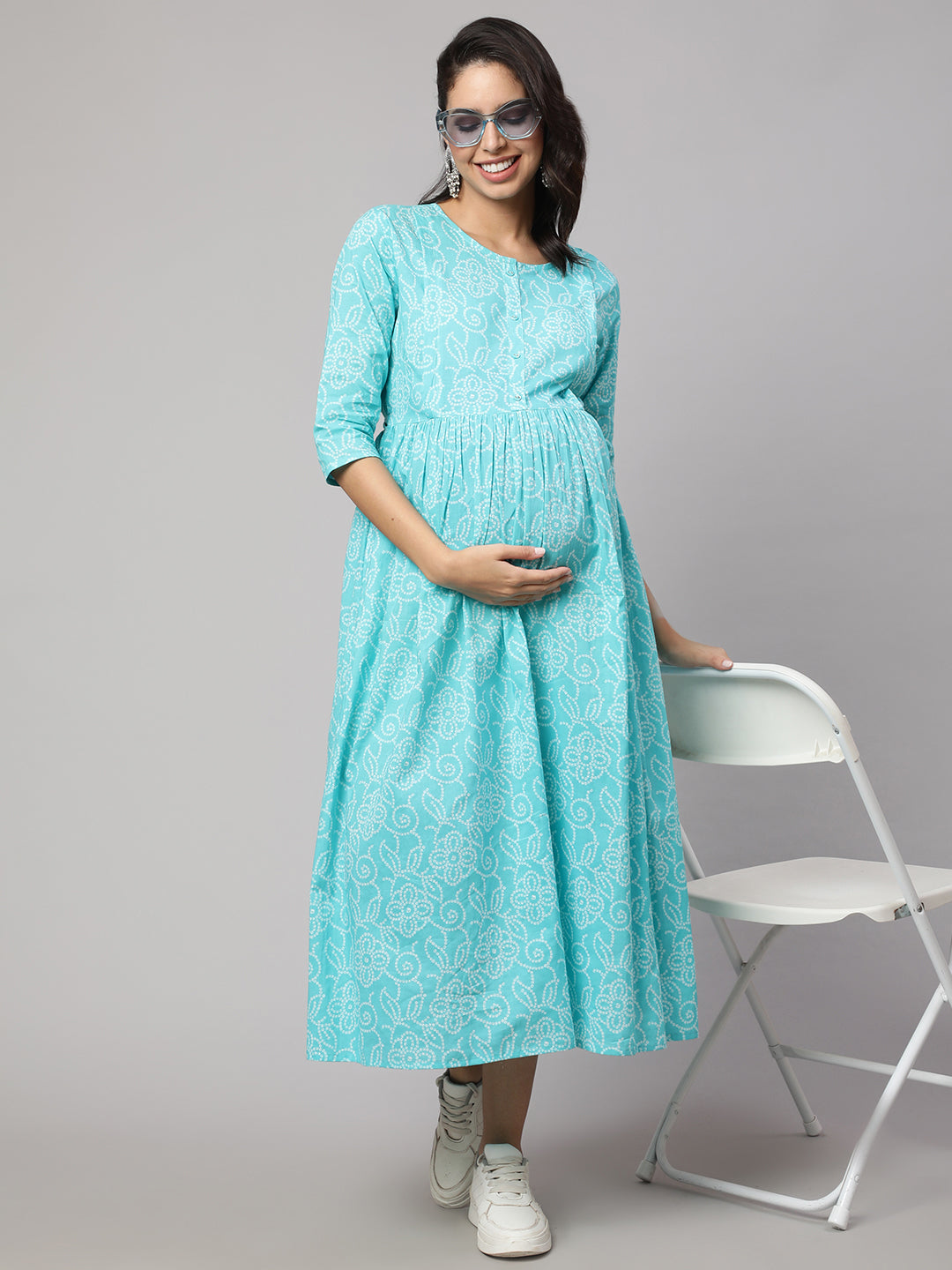 Women Sky Blue Printed Flared Maternity Dress | LASVINI - Redefining Indian Fashion with Elegance