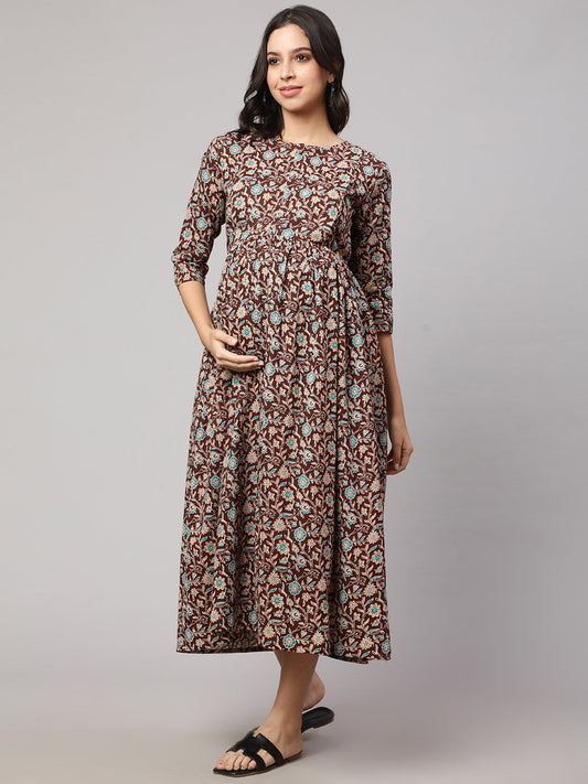 Women Brown Floral Printed Flared Maternity Dress | LASVINI - Redefining Indian Fashion with Elegance