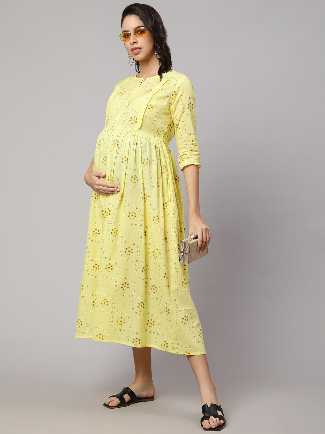 Women Lemon Yellow Printed Maternity Dress | LASVINI - Redefining Indian Fashion with Elegance