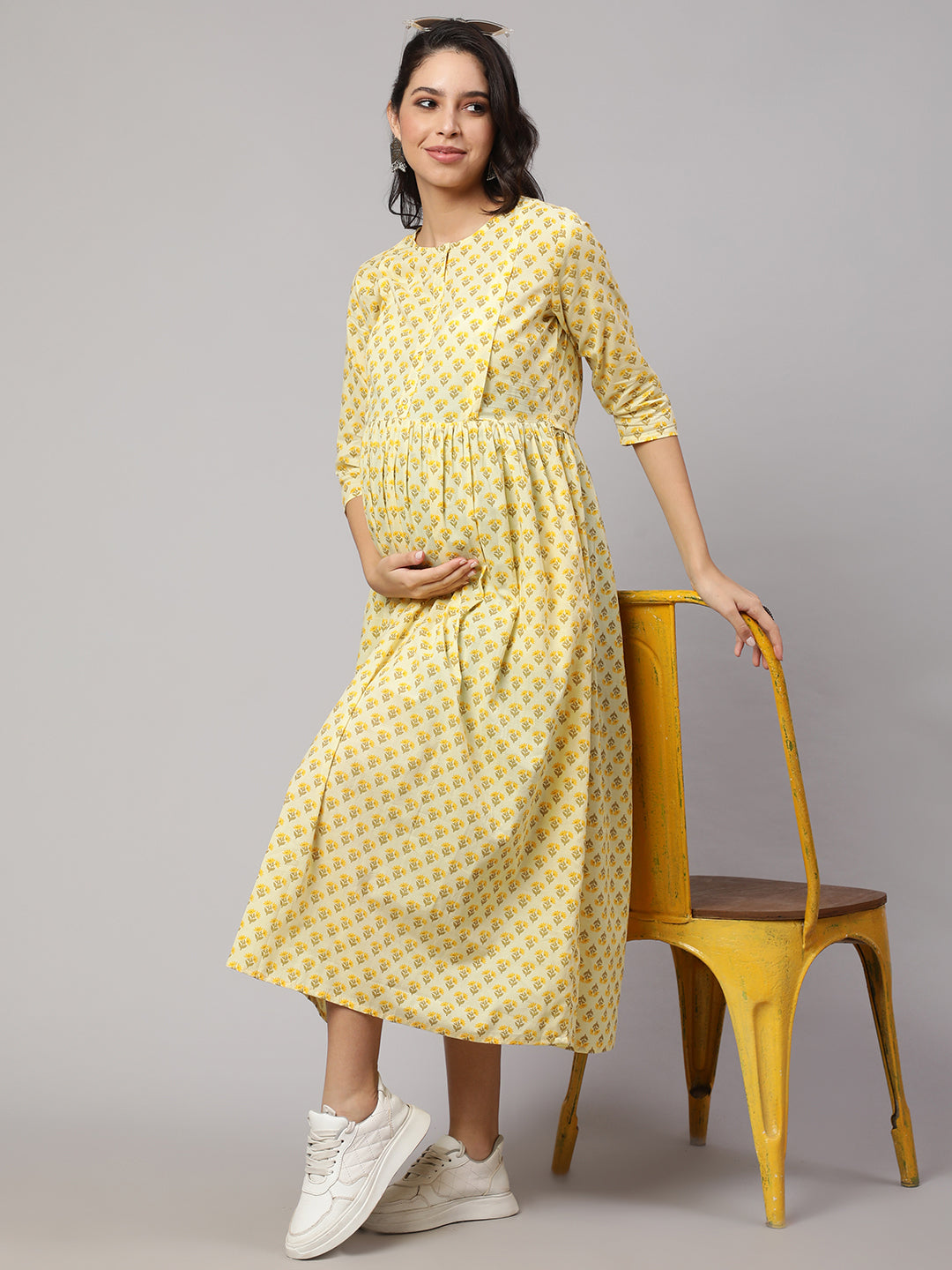 Women Cream Printed Maternity Dress | LASVINI - Redefining Indian Fashion with Elegance