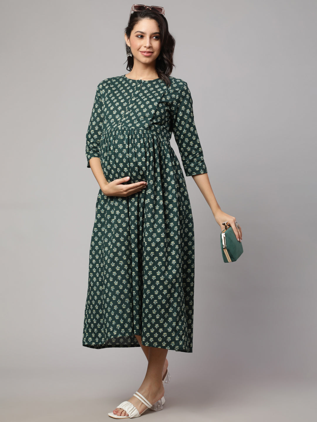 Women Green Ethnic Printed Maternity Dress | LASVINI - Redefining Indian Fashion with Elegance