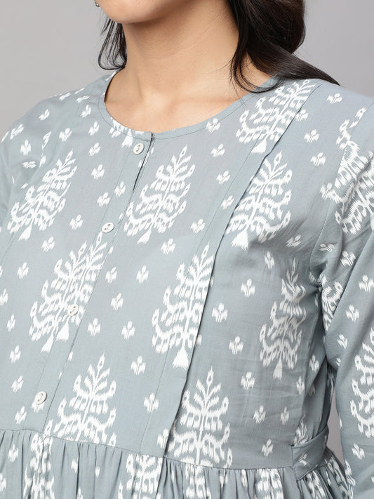 Women Grey Ethnic Printed Maternity Dress | LASVINI - Redefining Indian Fashion with Elegance