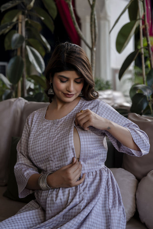 Women Taupe Geometric Printed Maternity Dress | LASVINI - Redefining Indian Fashion with Elegance
