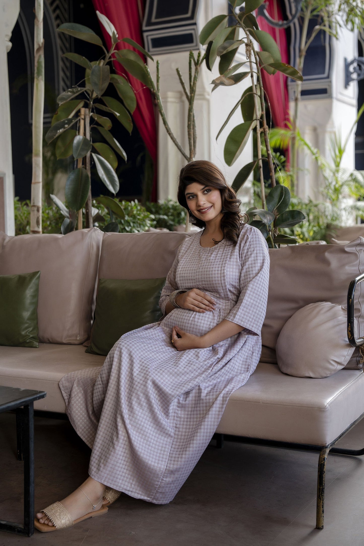 Women Taupe Geometric Printed Maternity Dress | LASVINI - Redefining Indian Fashion with Elegance