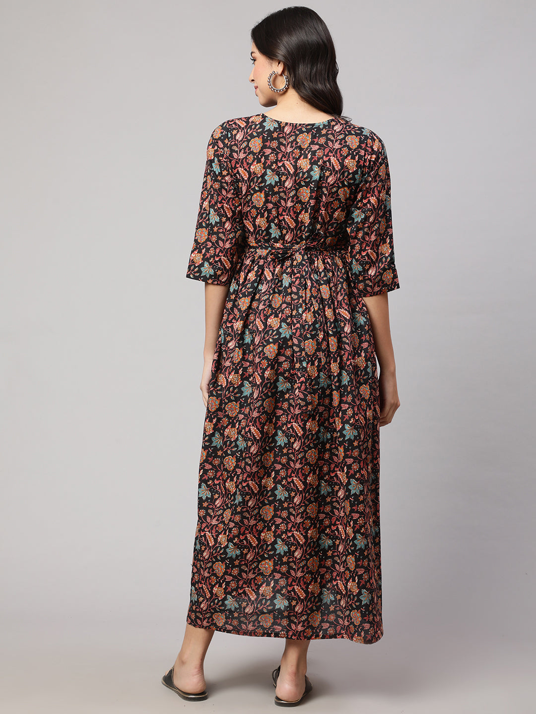 Women Black Printed Flared Maternity Dress | LASVINI - Redefining Indian Fashion with Elegance