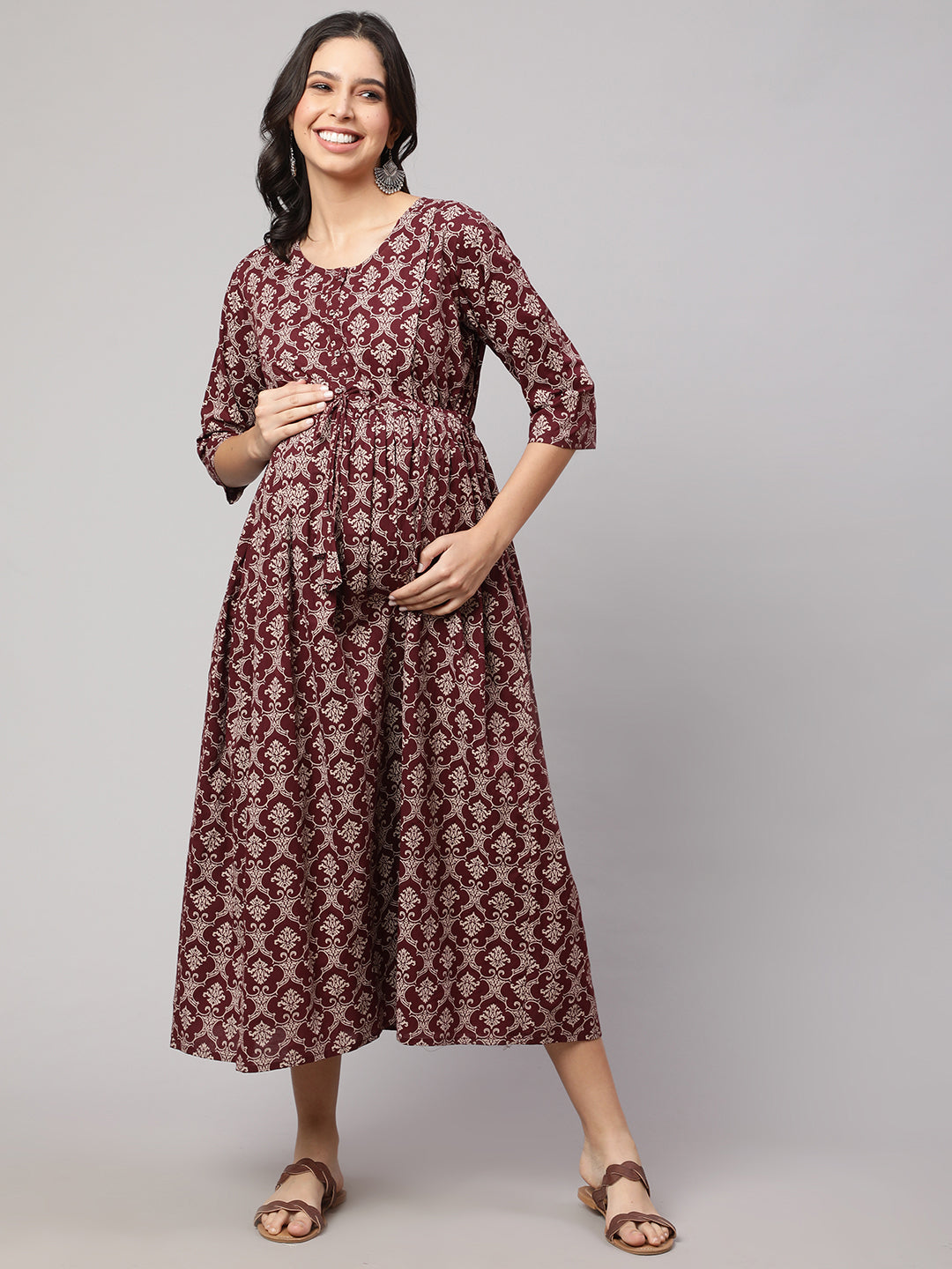 Women Burgundy Printed Maternity Dress | LASVINI - Redefining Indian Fashion with Elegance