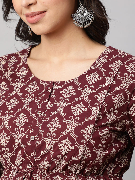 Women Burgundy Printed Maternity Dress | LASVINI - Redefining Indian Fashion with Elegance