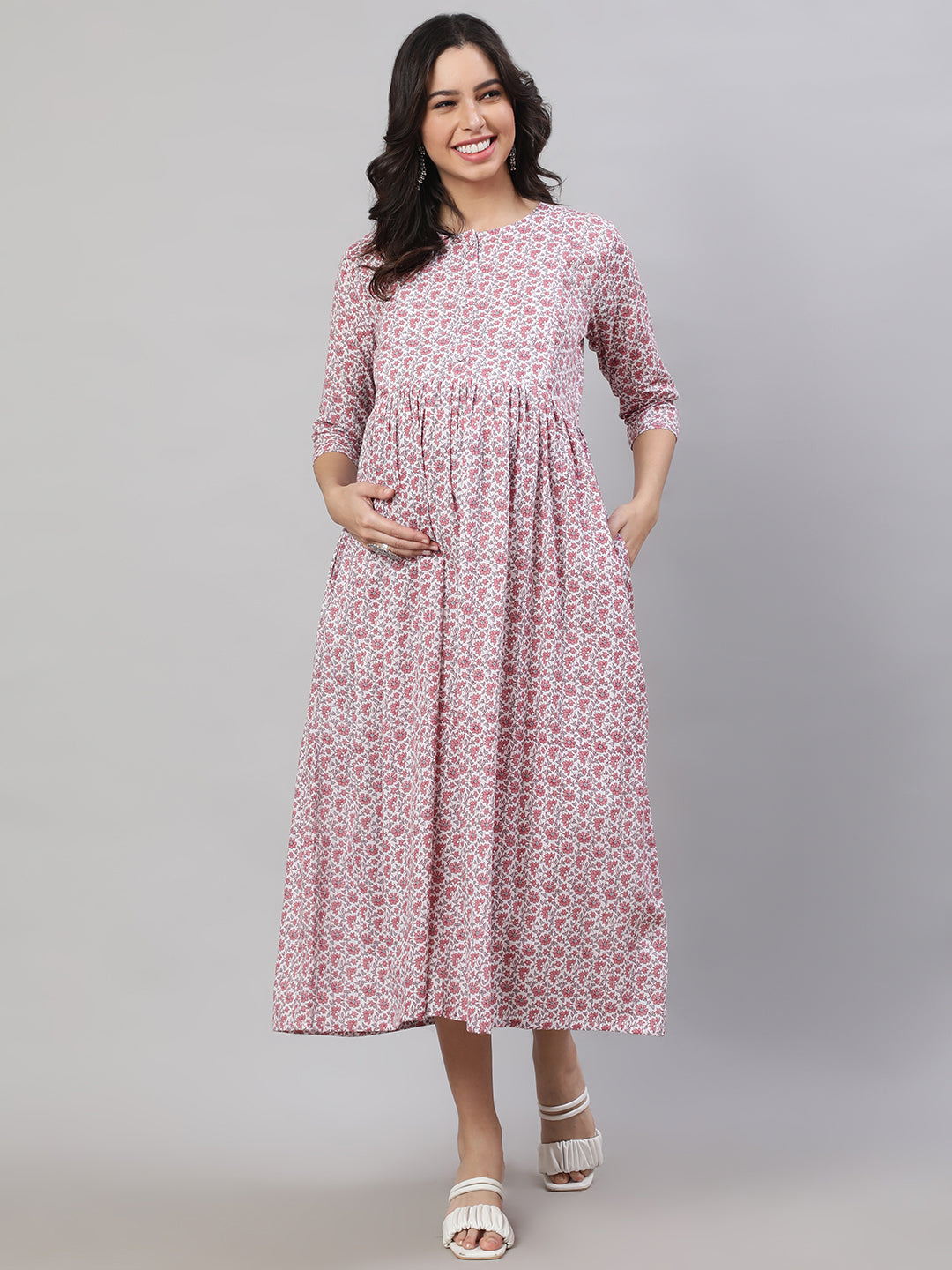 Women Off-White Printed Flared Maternity Dress | LASVINI - Redefining Indian Fashion with Elegance