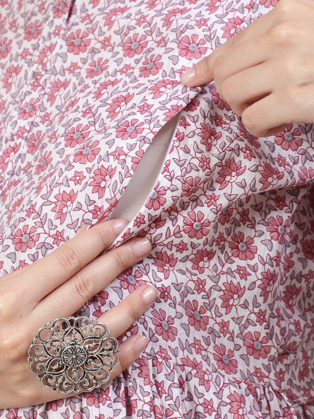 Women Off-White Printed Flared Maternity Dress | LASVINI - Redefining Indian Fashion with Elegance