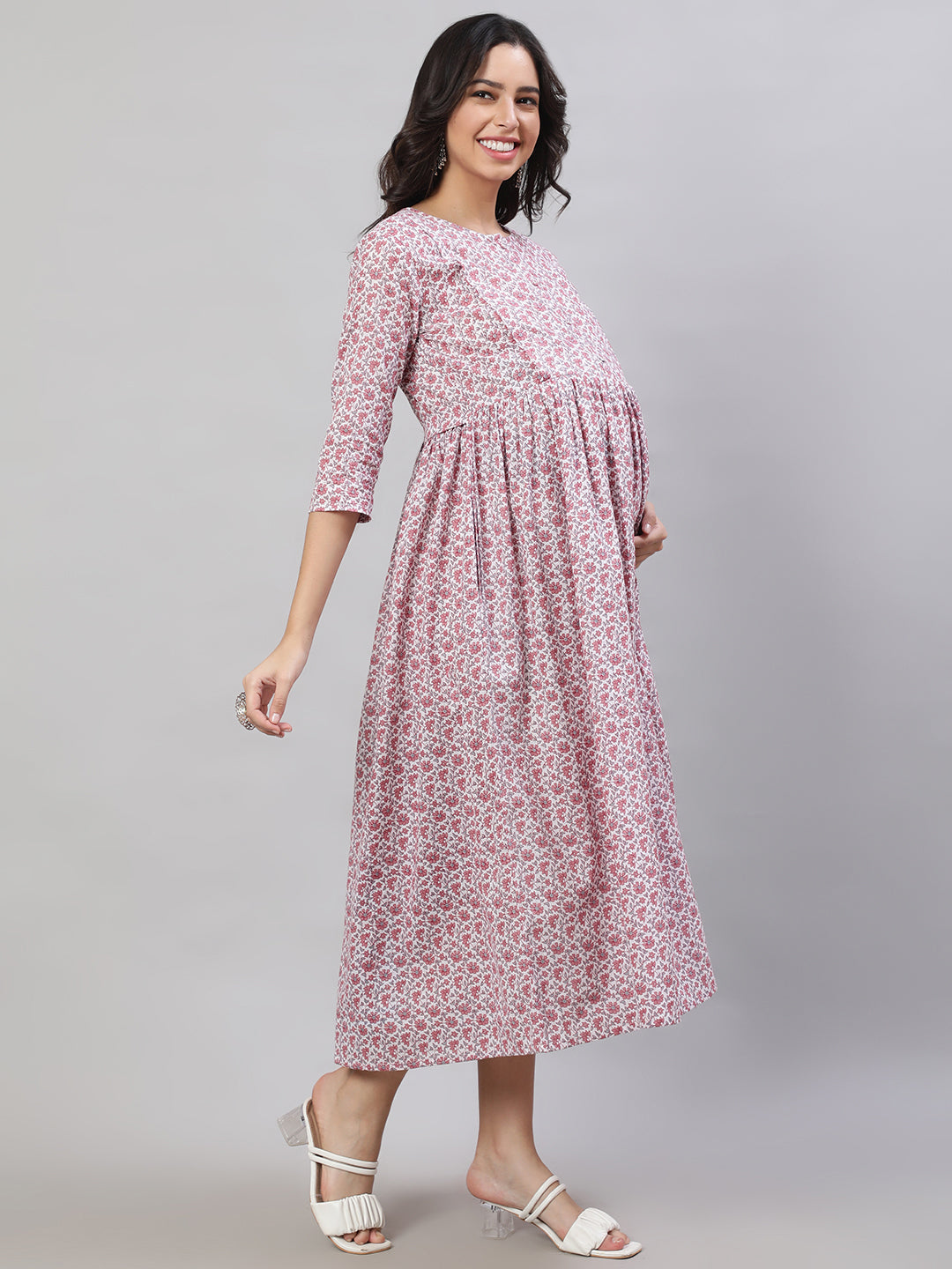 Women Off-White Printed Flared Maternity Dress | LASVINI - Redefining Indian Fashion with Elegance