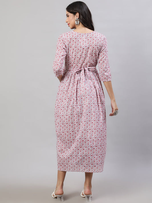 Women Off-White Printed Flared Maternity Dress | LASVINI - Redefining Indian Fashion with Elegance