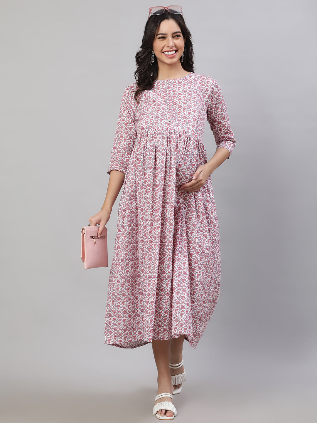 Women Off-White Printed Flared Maternity Dress | LASVINI - Redefining Indian Fashion with Elegance