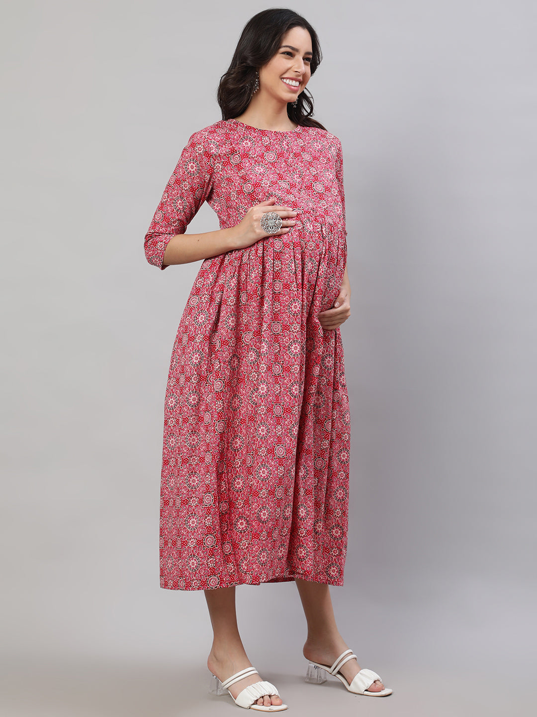 Women Pink Printed Flared Maternity Dress | LASVINI - Redefining Indian Fashion with Elegance