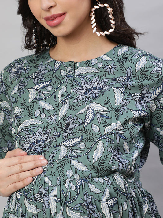 Women Green Printed Flared Maternity Dress | LASVINI - Redefining Indian Fashion with Elegance