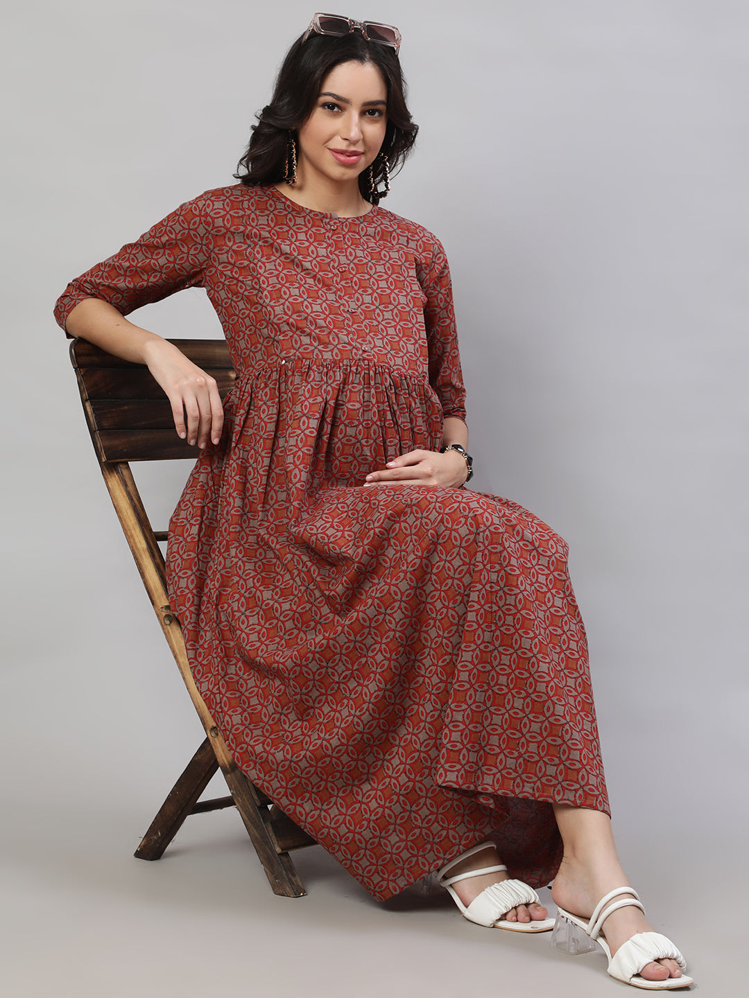 Women Rust Printed Flared Maternity Dress | LASVINI - Redefining Indian Fashion with Elegance