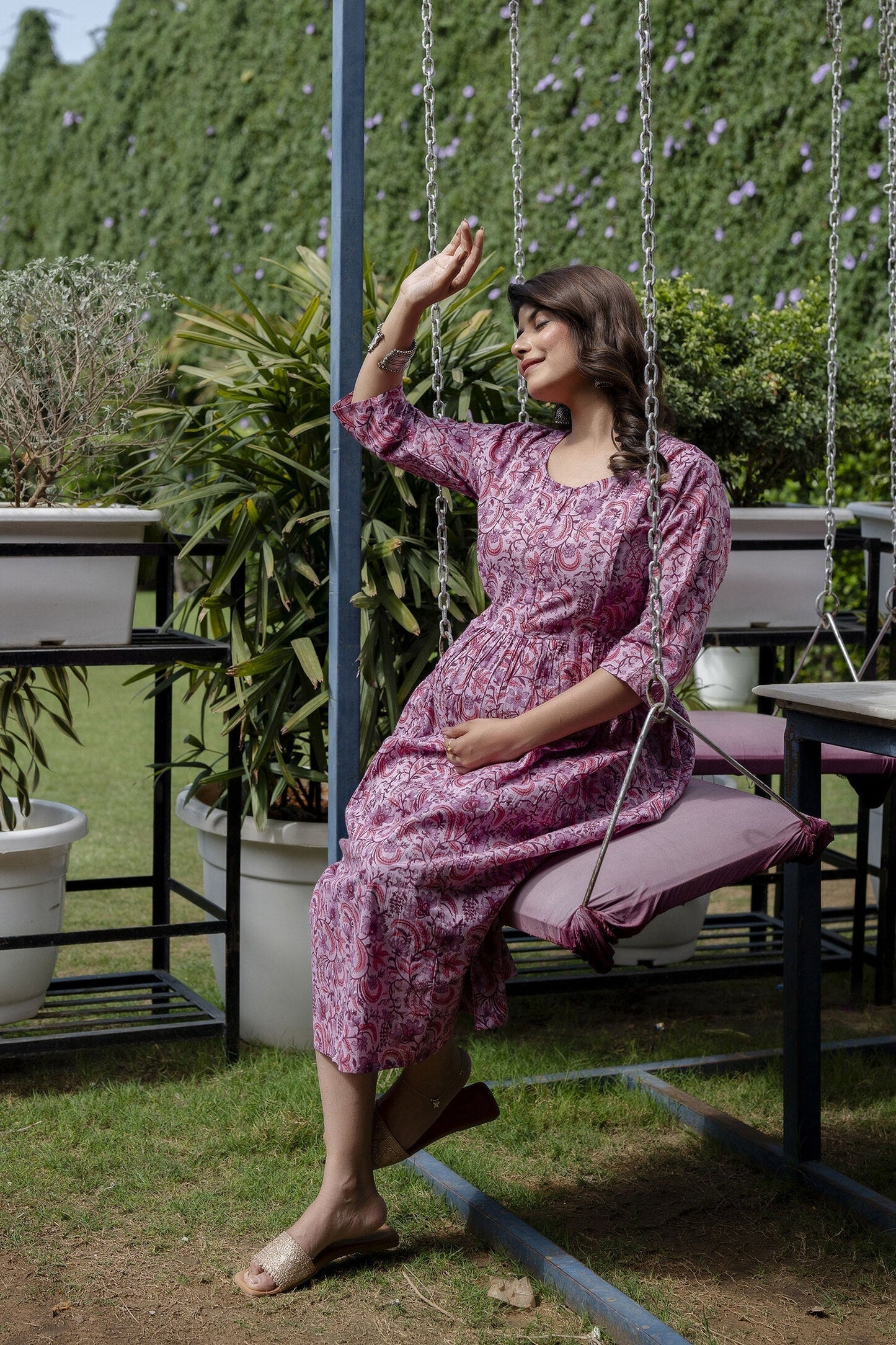 Women Lavender Printed Flared Maternity Dress | LASVINI - Redefining Indian Fashion with Elegance