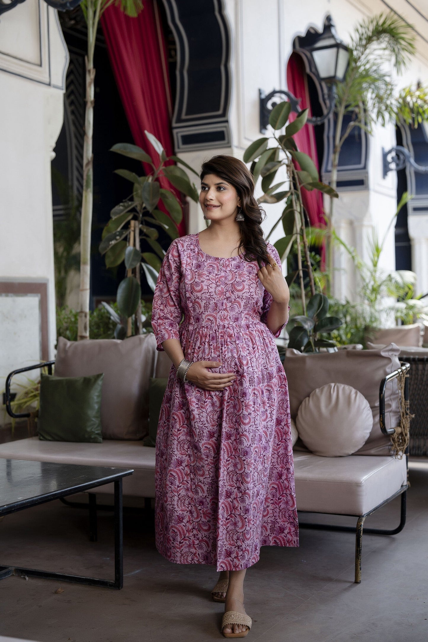 Women Lavender Printed Flared Maternity Dress | LASVINI - Redefining Indian Fashion with Elegance