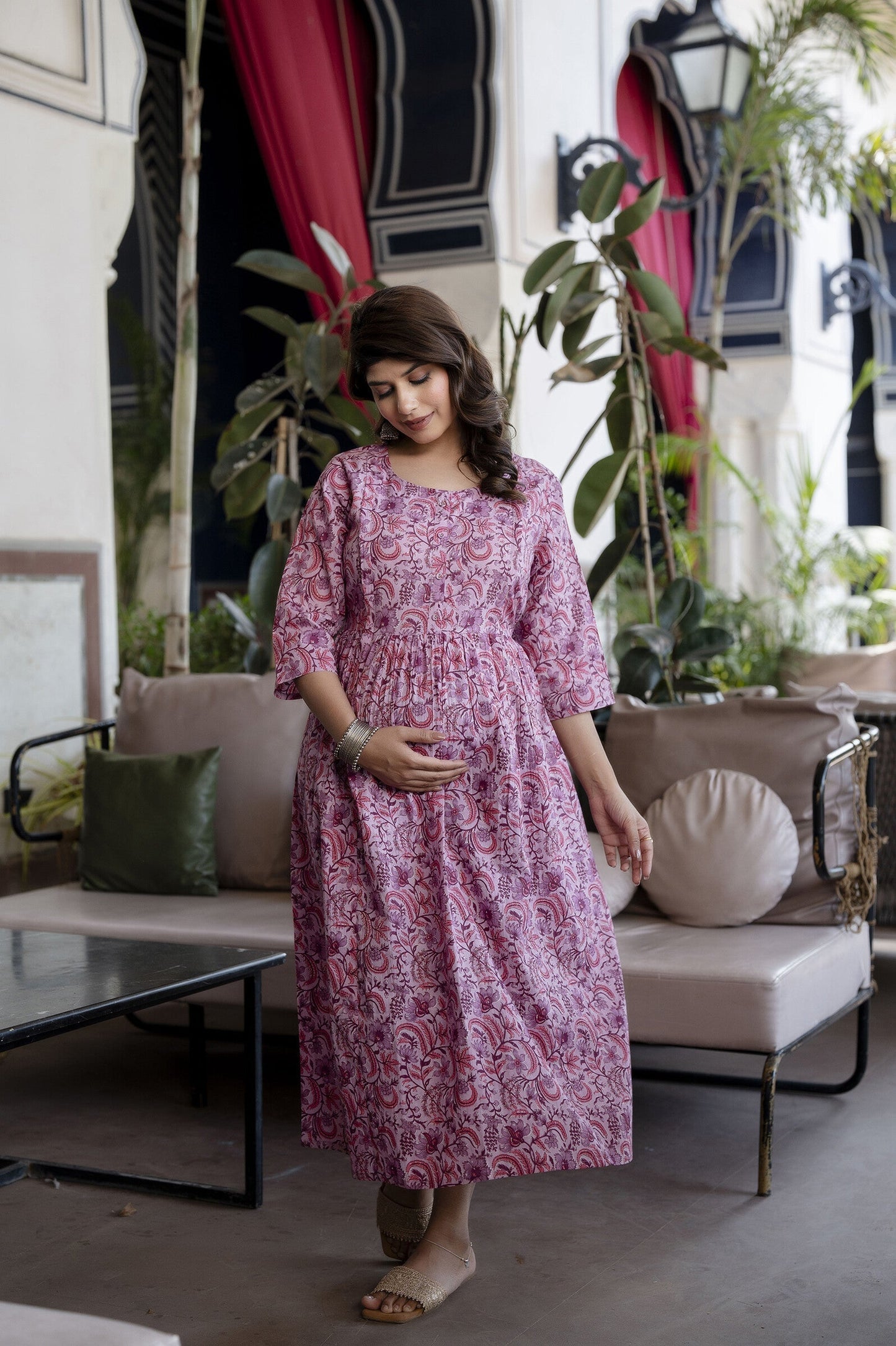 Women Lavender Printed Flared Maternity Dress | LASVINI - Redefining Indian Fashion with Elegance