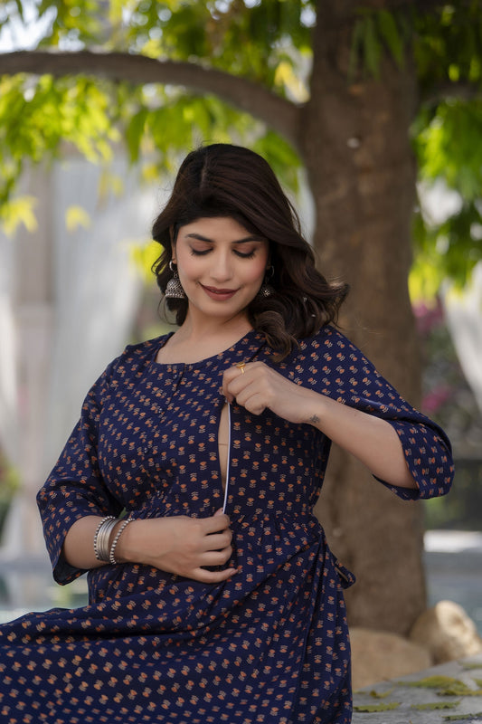 Women Navy Blue Printed Flared Maternity Dress | LASVINI - Redefining Indian Fashion with Elegance