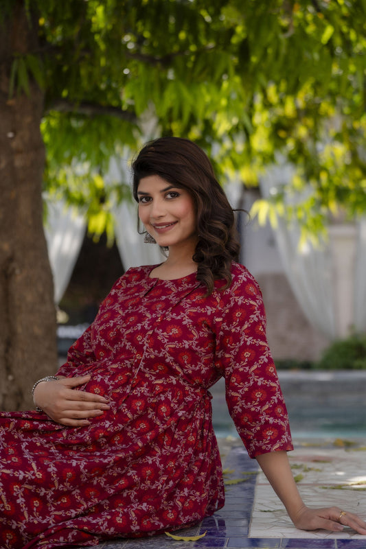 Women Burgundy Printed Maternity Dress | LASVINI - Redefining Indian Fashion with Elegance