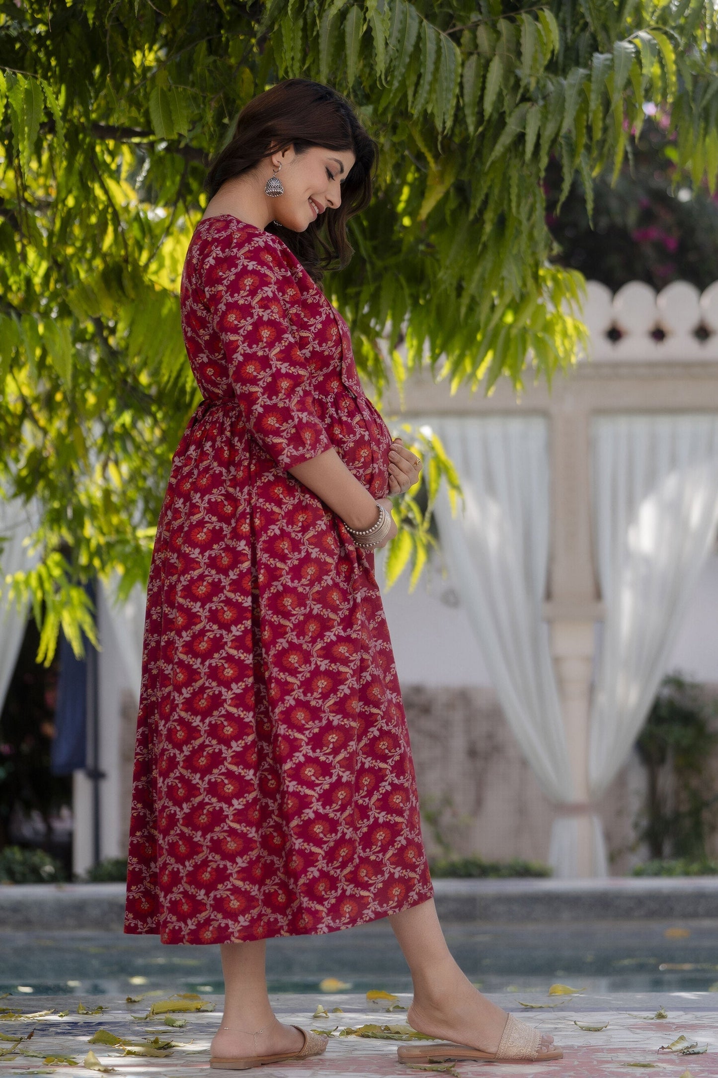 Women Burgundy Printed Maternity Dress | LASVINI - Redefining Indian Fashion with Elegance