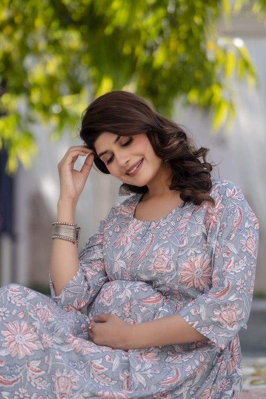 Women Grey Floral Printed Maternity Dress | LASVINI - Redefining Indian Fashion with Elegance