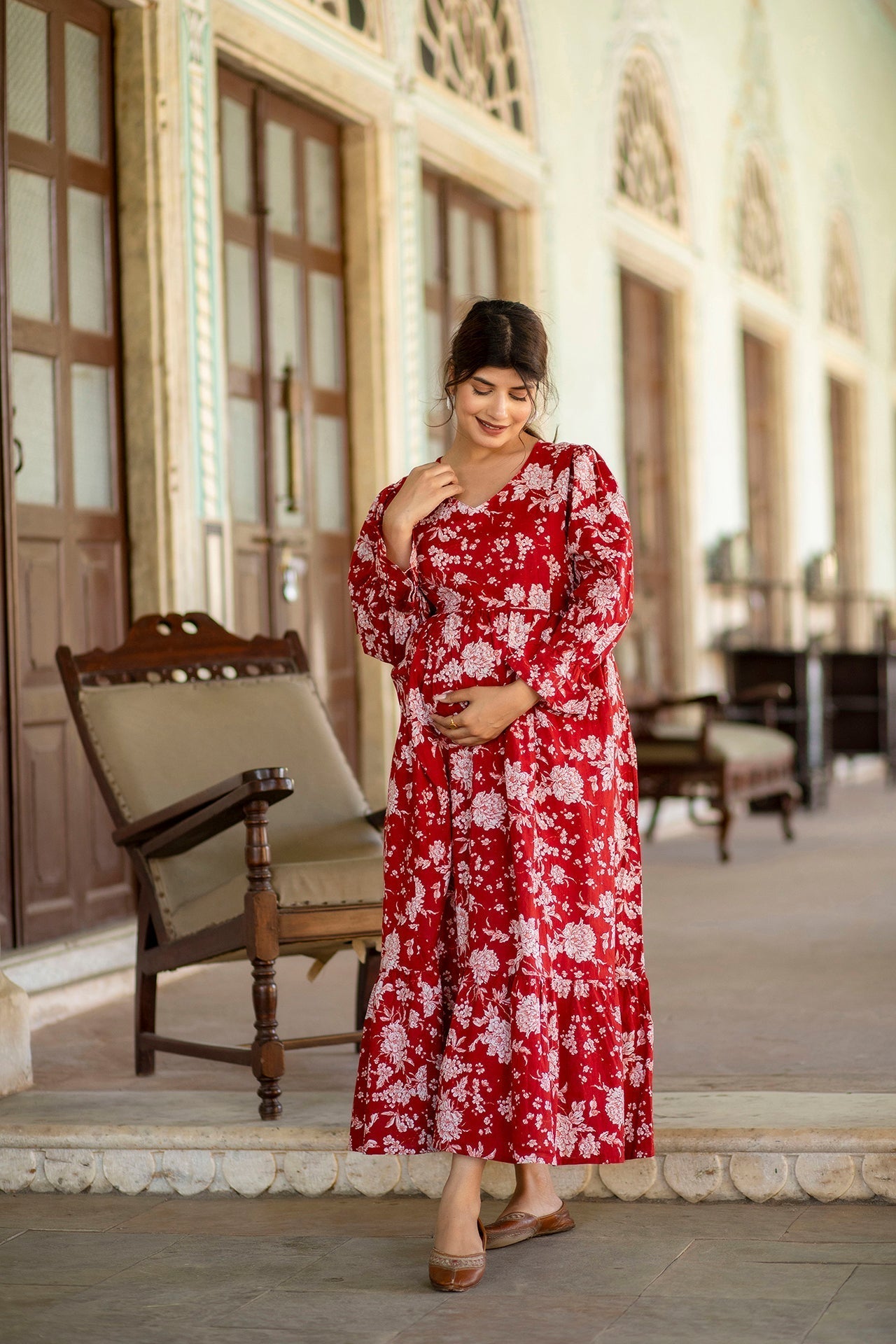 Women Red Printed Flared Maternity Dress | LASVINI - Redefining Indian Fashion with Elegance