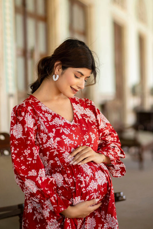 Women Red Printed Flared Maternity Dress | LASVINI - Redefining Indian Fashion with Elegance