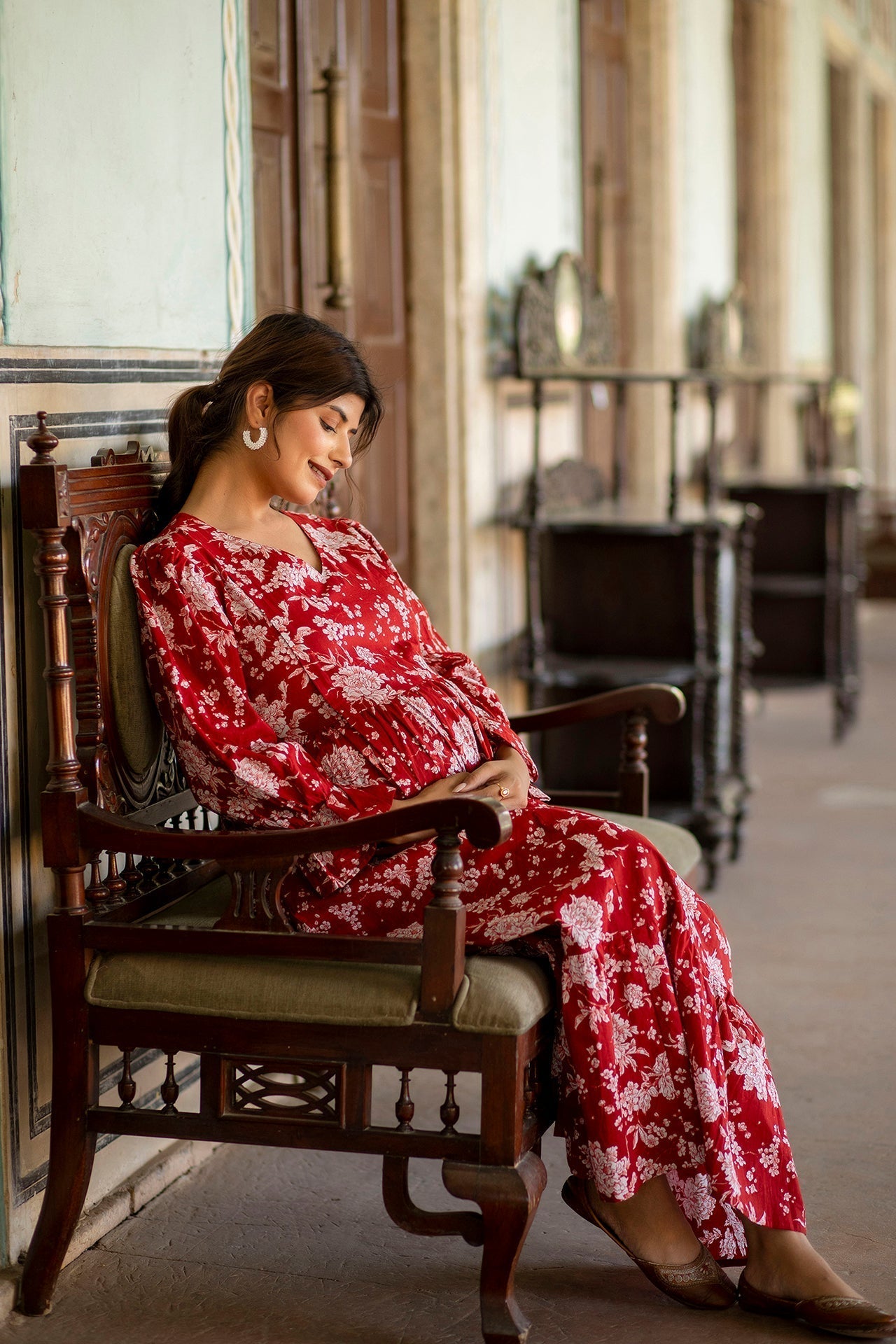 Women Red Printed Flared Maternity Dress | LASVINI - Redefining Indian Fashion with Elegance