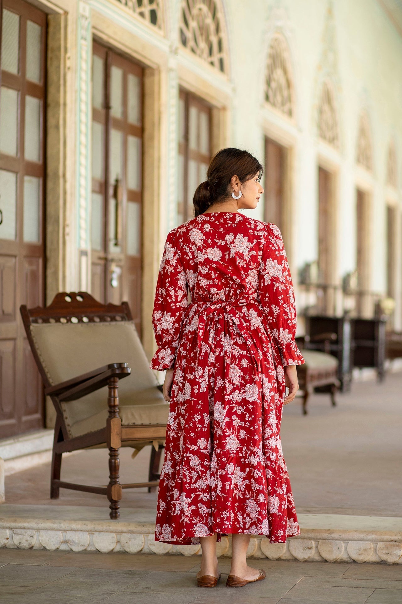 Women Red Printed Flared Maternity Dress | LASVINI - Redefining Indian Fashion with Elegance
