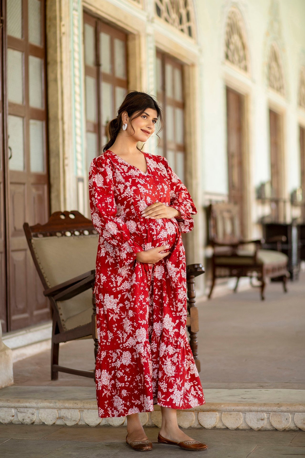 Women Red Printed Flared Maternity Dress | LASVINI - Redefining Indian Fashion with Elegance