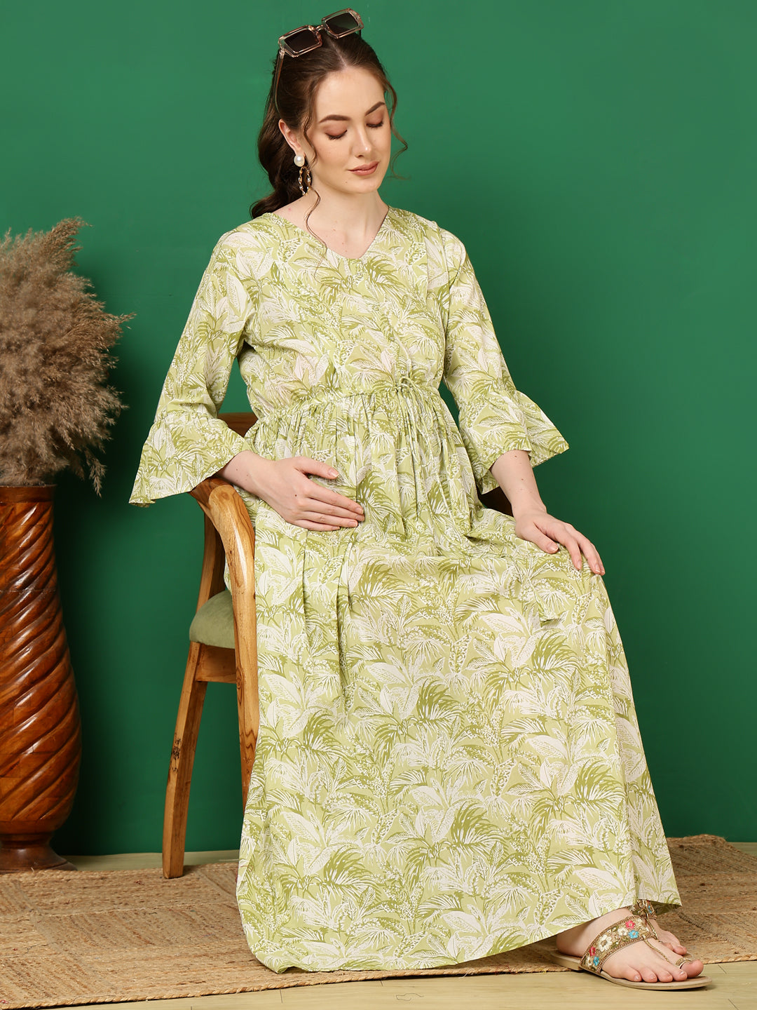 Women Green Printed Flared Maternity Dress | LASVINI - Redefining Indian Fashion with Elegance
