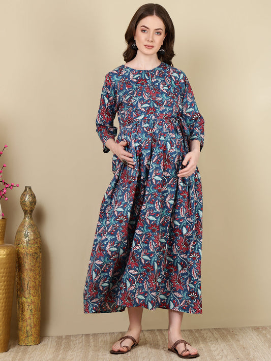 Women Multi Printed Flared Maternity Dress | LASVINI - Redefining Indian Fashion with Elegance