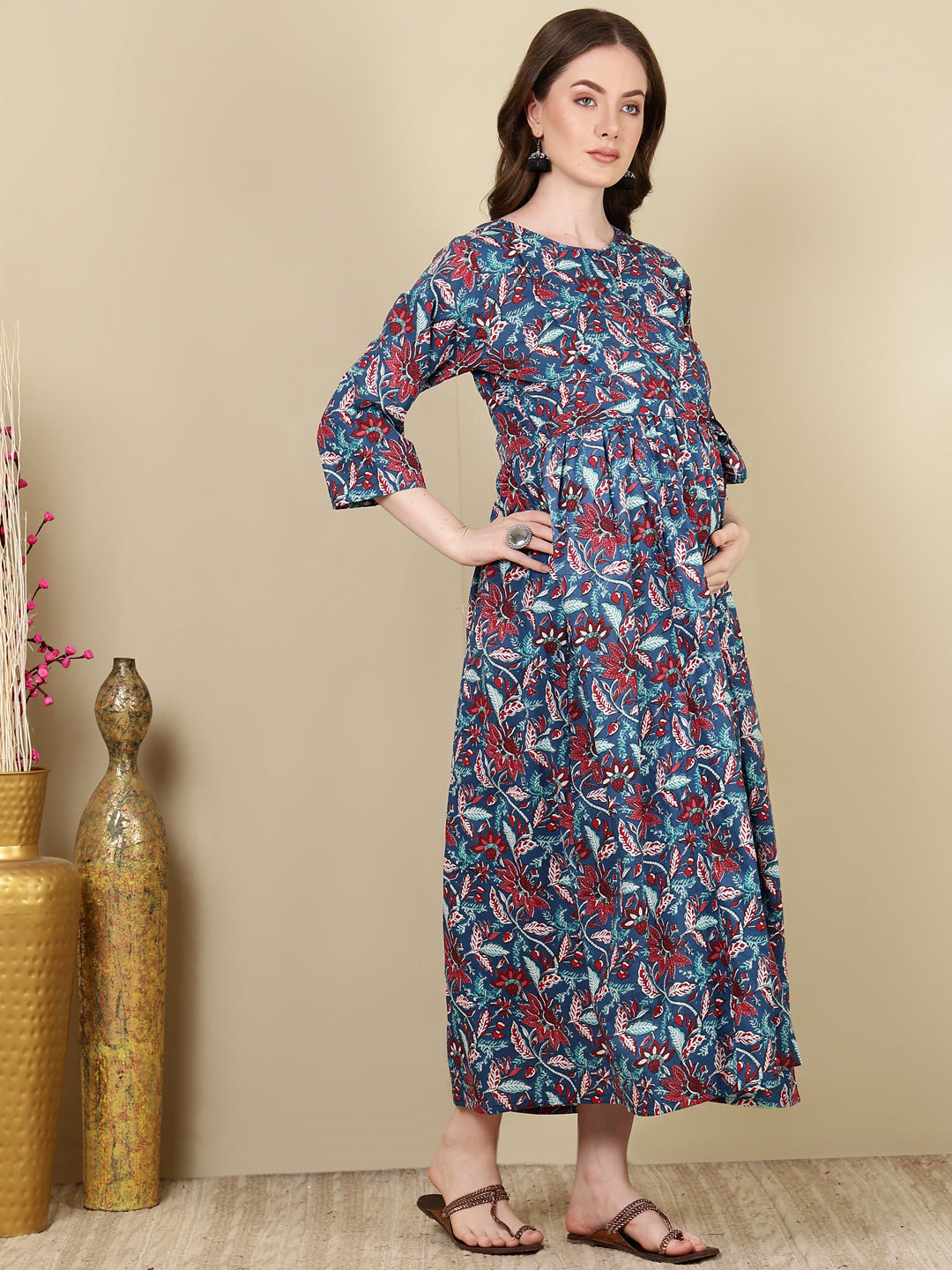 Women Multi Printed Flared Maternity Dress | LASVINI - Redefining Indian Fashion with Elegance