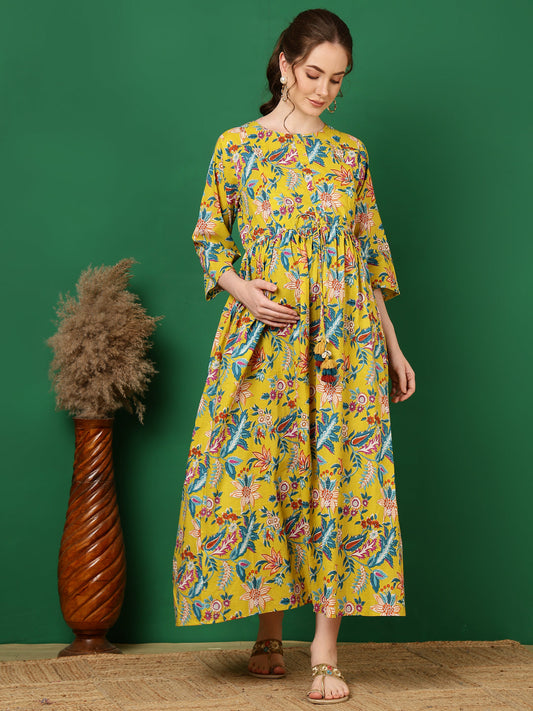 Women Yellow Printed Flared Maternity Dress | LASVINI - Redefining Indian Fashion with Elegance