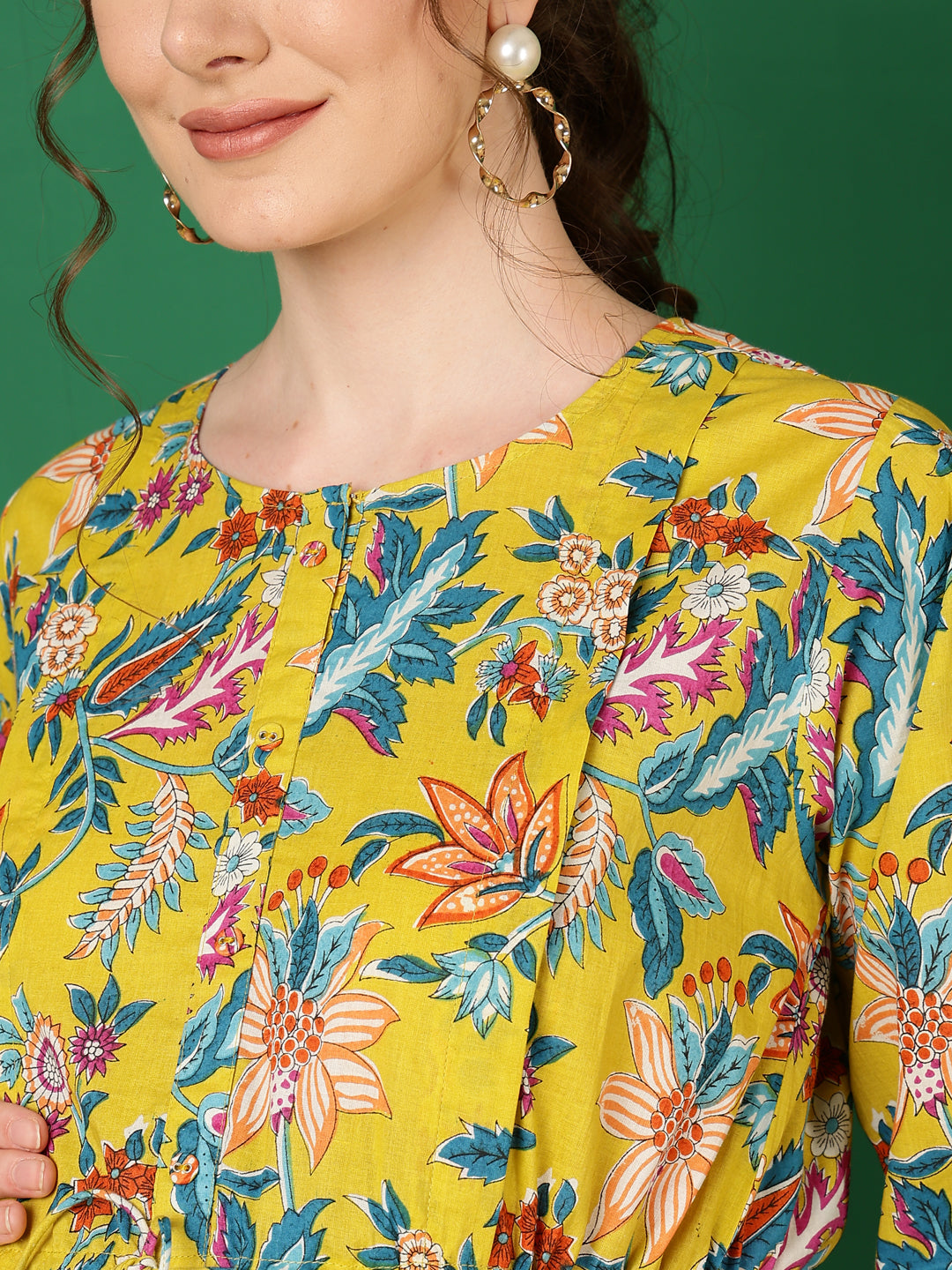Women Yellow Printed Flared Maternity Dress | LASVINI - Redefining Indian Fashion with Elegance