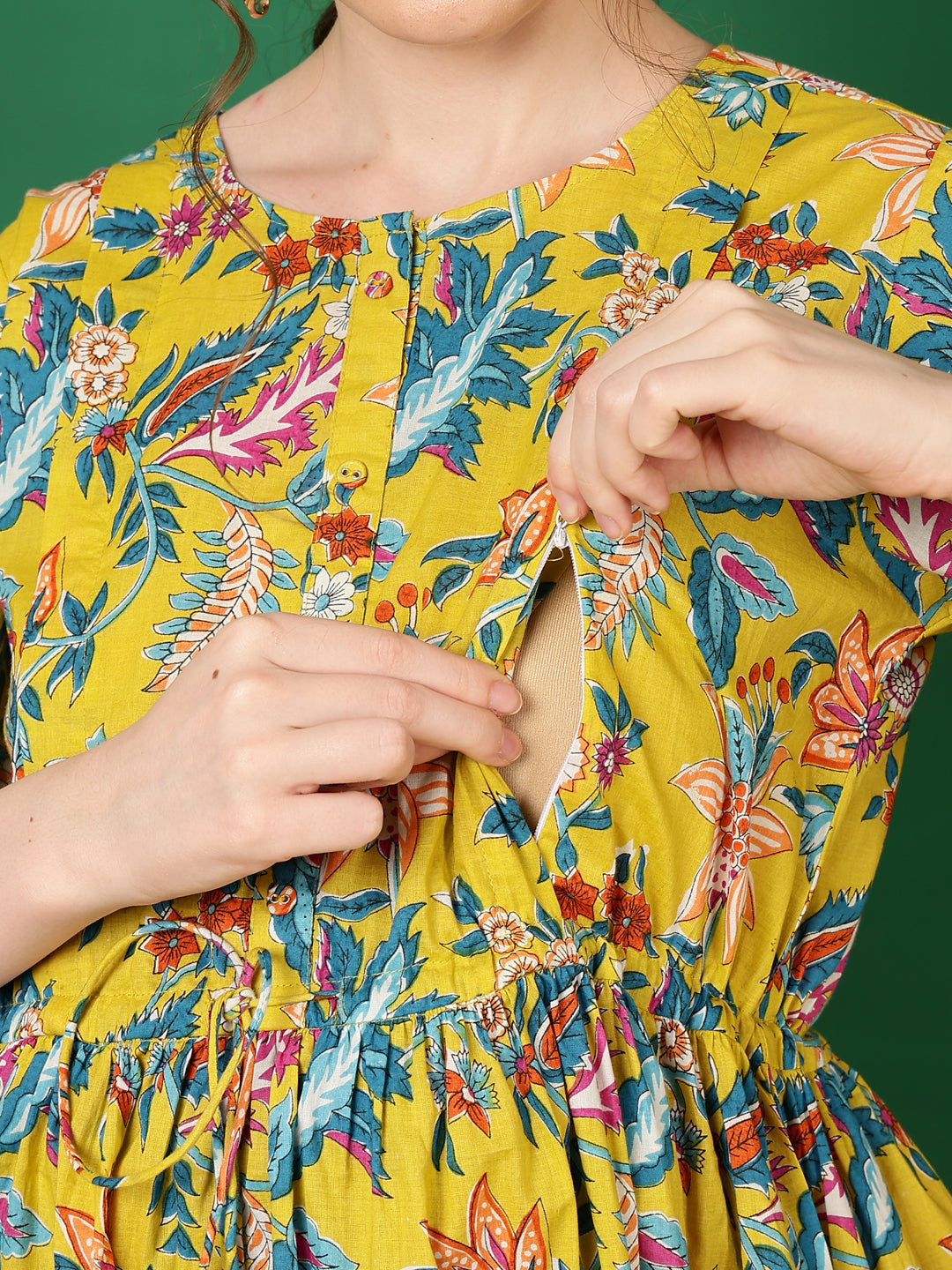 Women Yellow Printed Flared Maternity Dress | LASVINI - Redefining Indian Fashion with Elegance